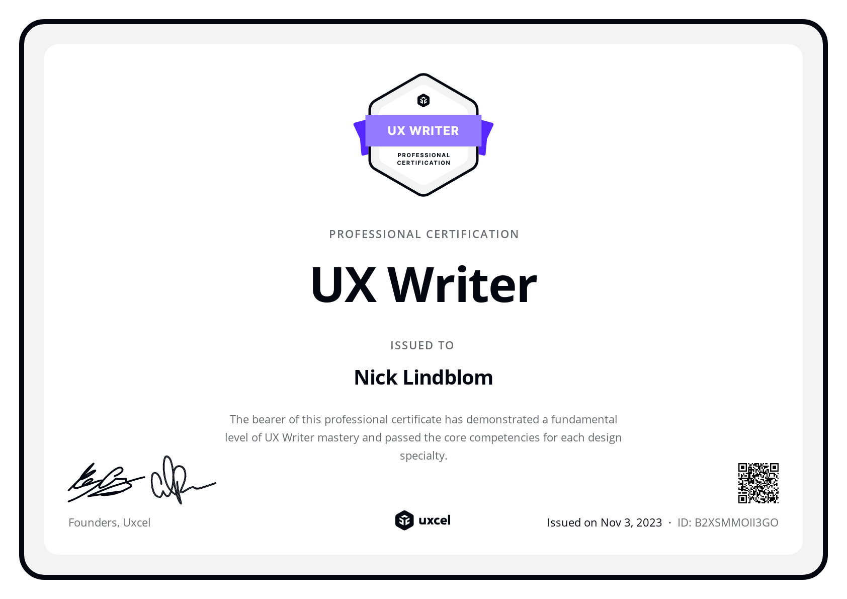 Nick Lindblom's certificate